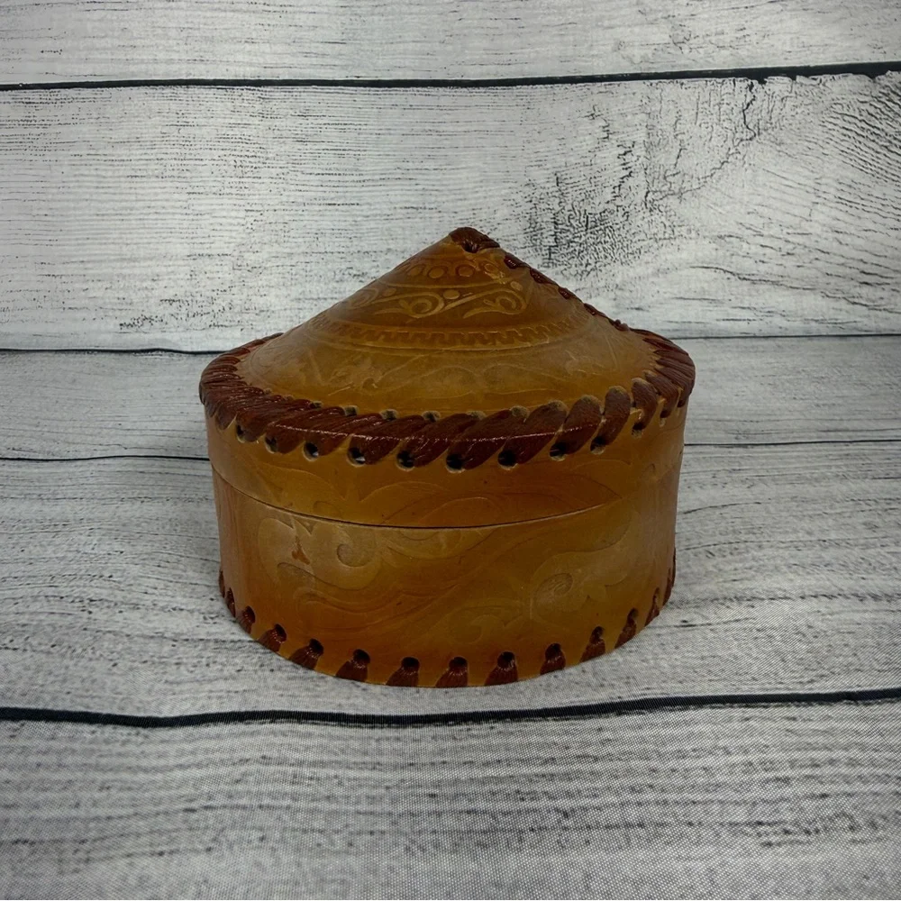 Hand Tooled Leather Yurt Trinket Jewelry Box with Concho Stitching